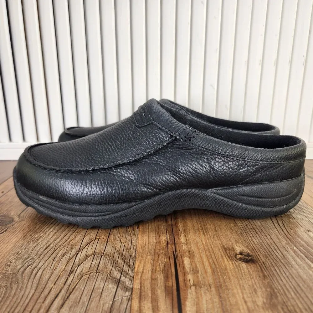 LL Bean Comfort Mules Mens Sz 10 Wide Black Pebbled Leather Slip On Fleece Lined